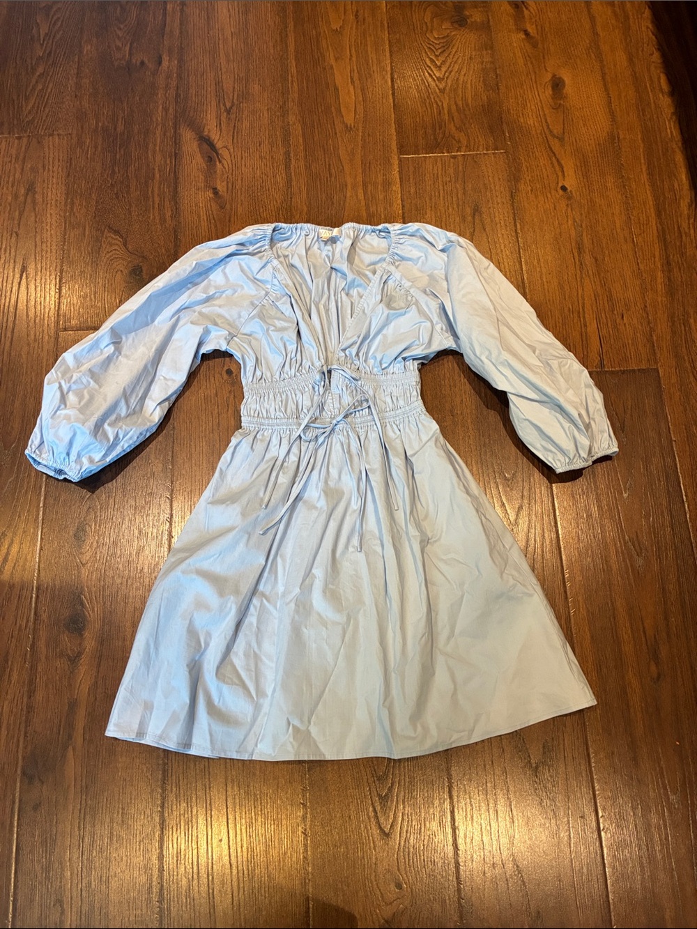 Wayf Light Blue Smocked-Waist Mini Dress with Puff Sleeves
